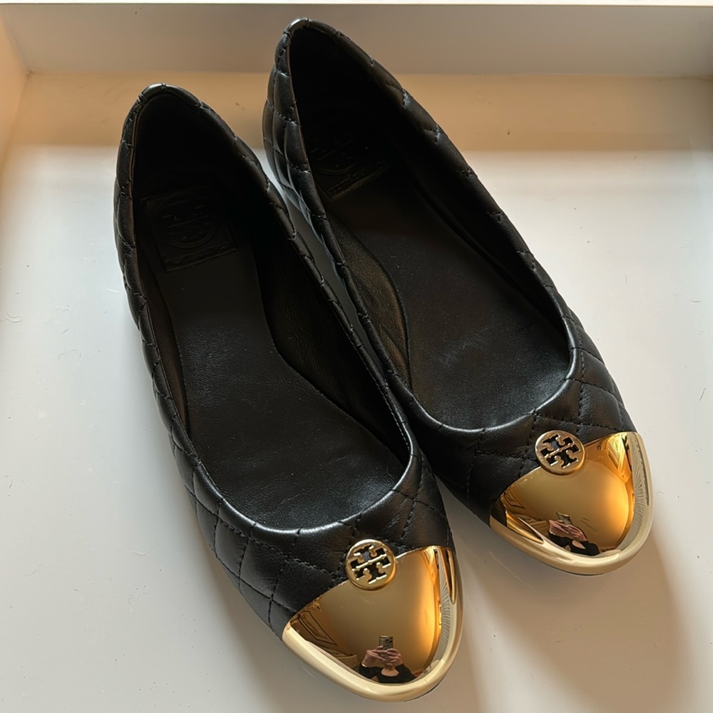 Tory Burch Black Quilted Ballet Flat with Gold Detail